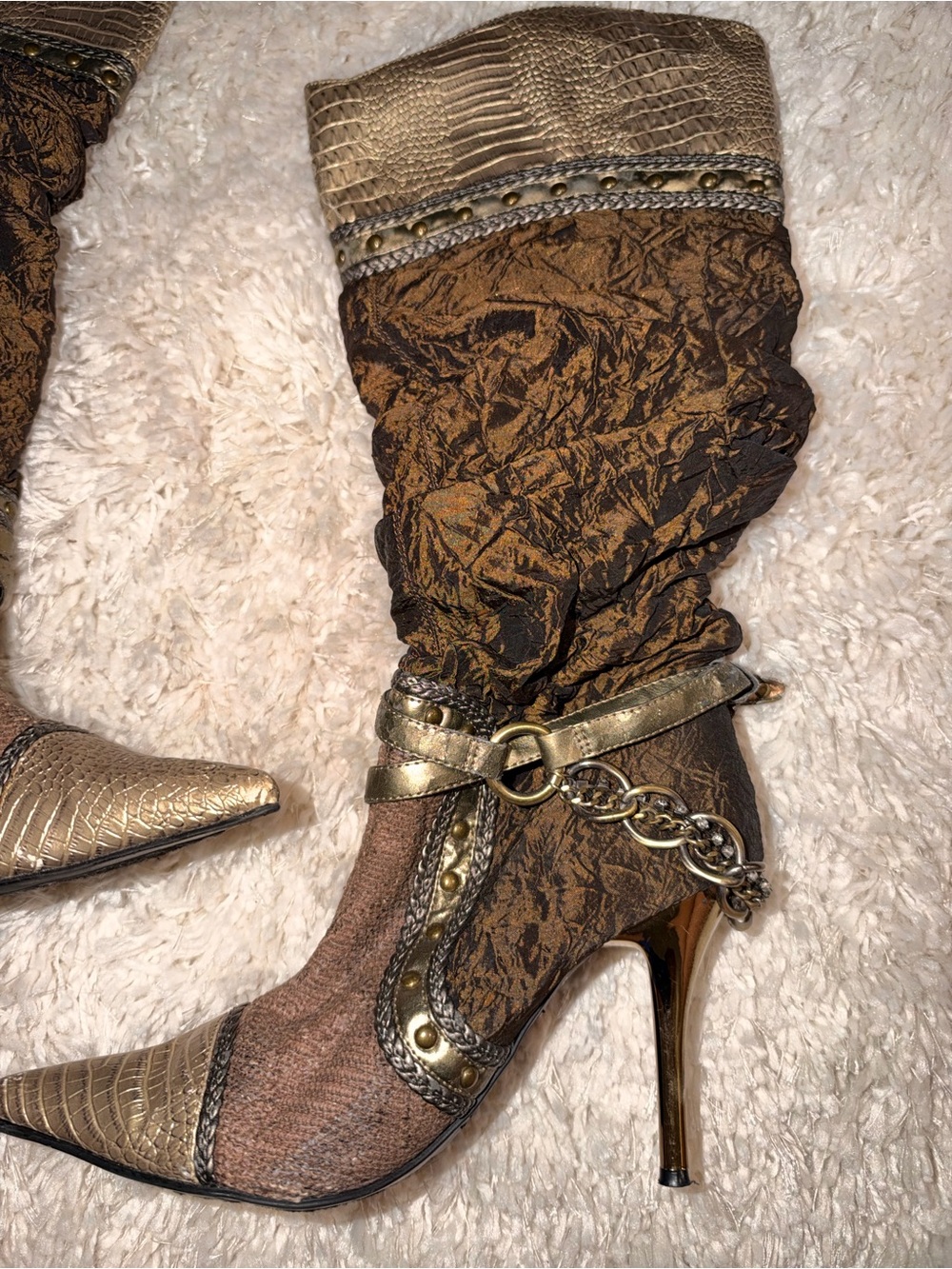 Vintage Y2K Wild Rose Brown & Gold Snakeskin Print Boots - Picture 4 of 11
